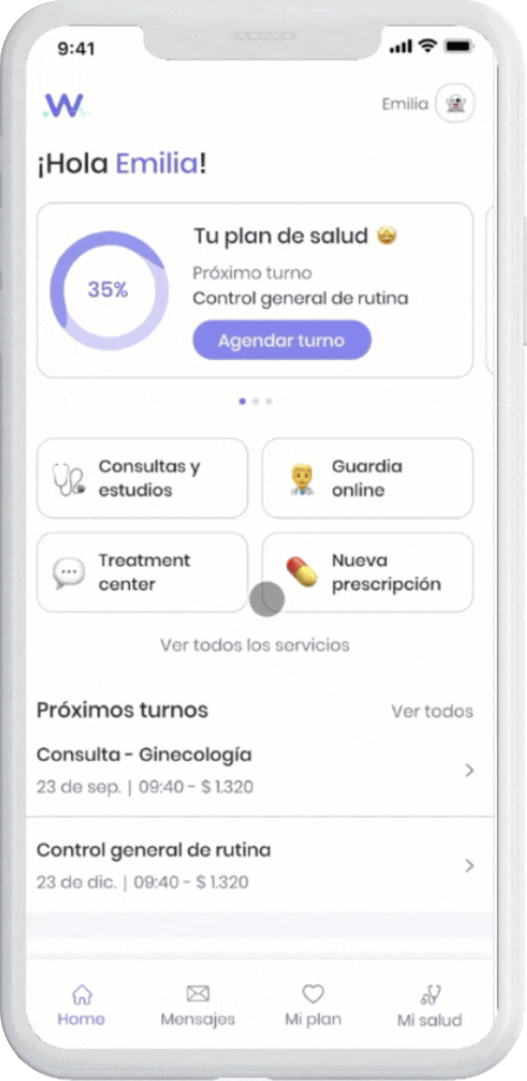 Mockup de la pantalla de paciente de wiri